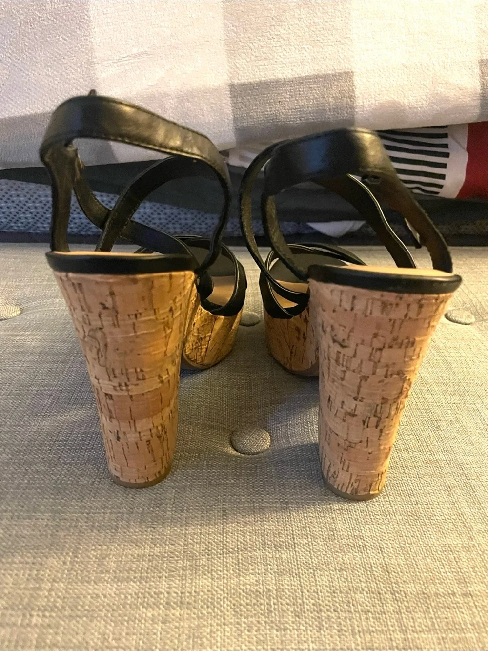 12 Thompson Black Cork Platform Strappy Sandals